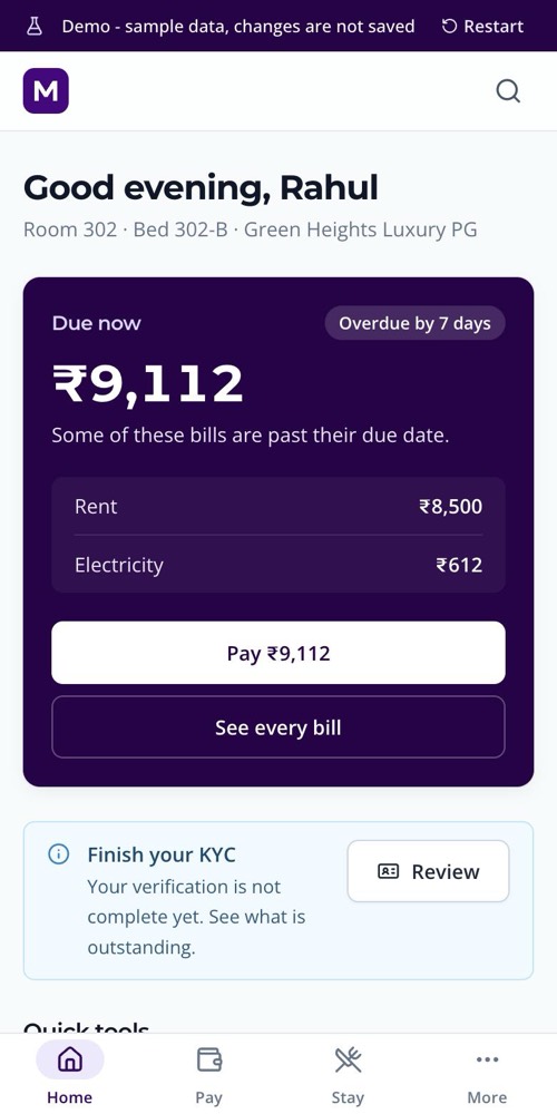 The resident home screen on a phone in the MOVO demo: the amount due now, a Pay button, and a reminder to finish KYC.